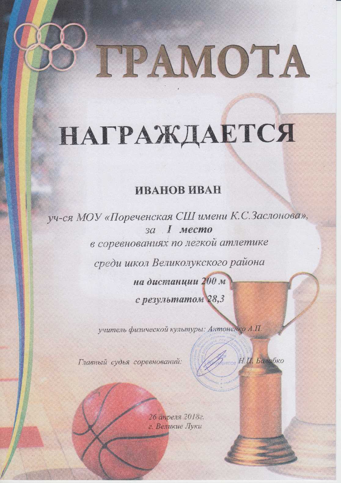 Легкая атлетика. Иванов Иван.